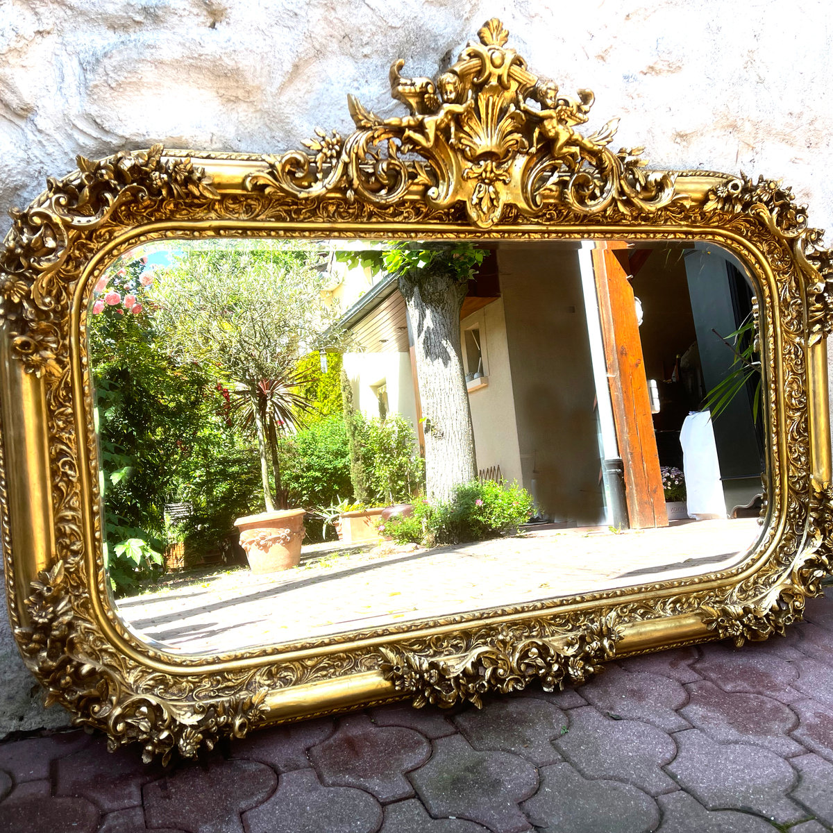 Joli Miroir Horizontal Biseauté de Style Louis XV Doré - ALBEN168